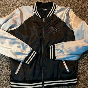 Black & Champagne Embroidered Koi Girls Satin Souvenir Jacket Hot Topic